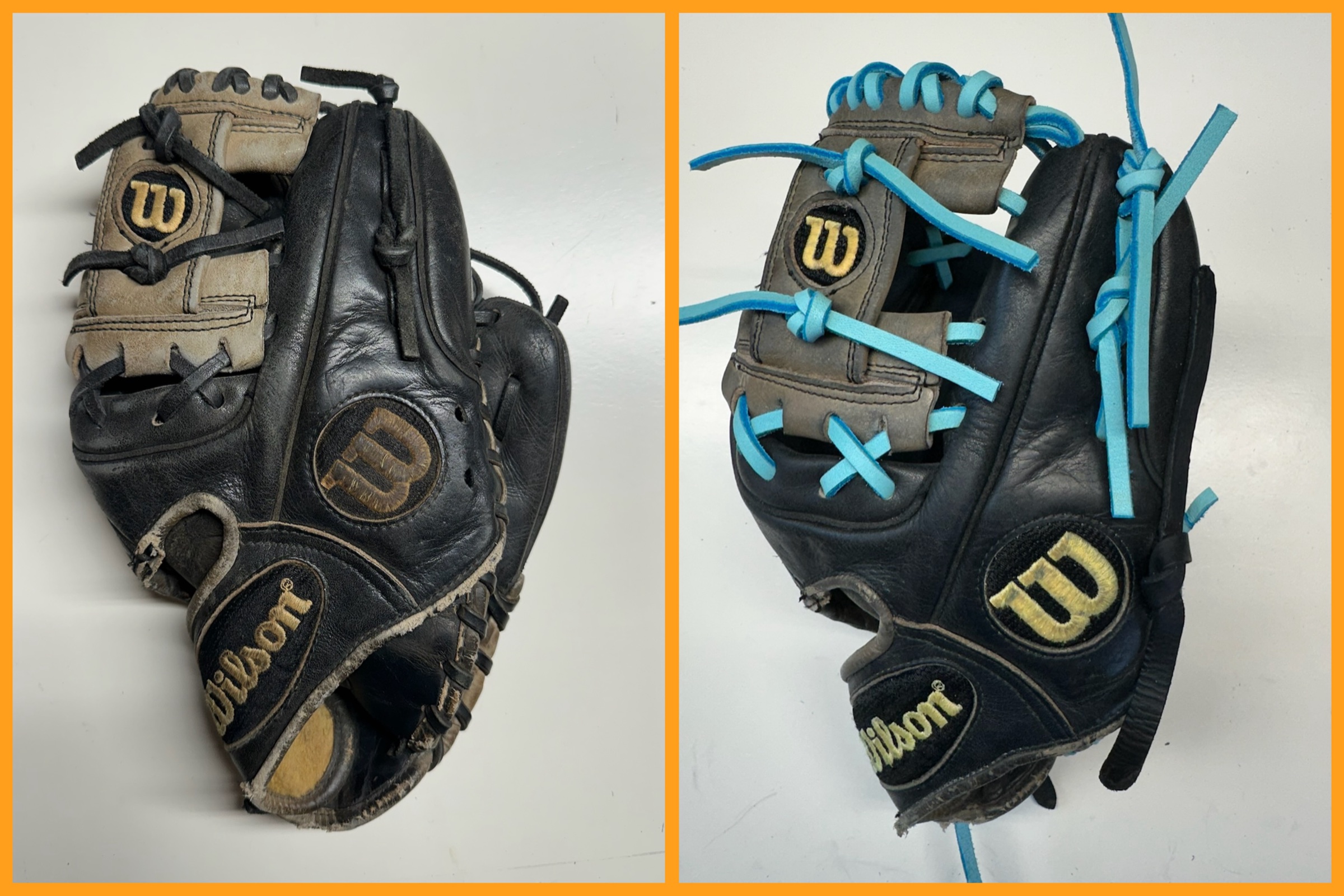 A Wilson glove before restoration next to the same glove relaced with bright blue laces.