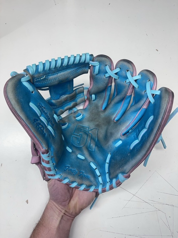 44 Pro baseball glove after restoration by Blank Bros Glove Co. — cleaned, conditioned, and relaced