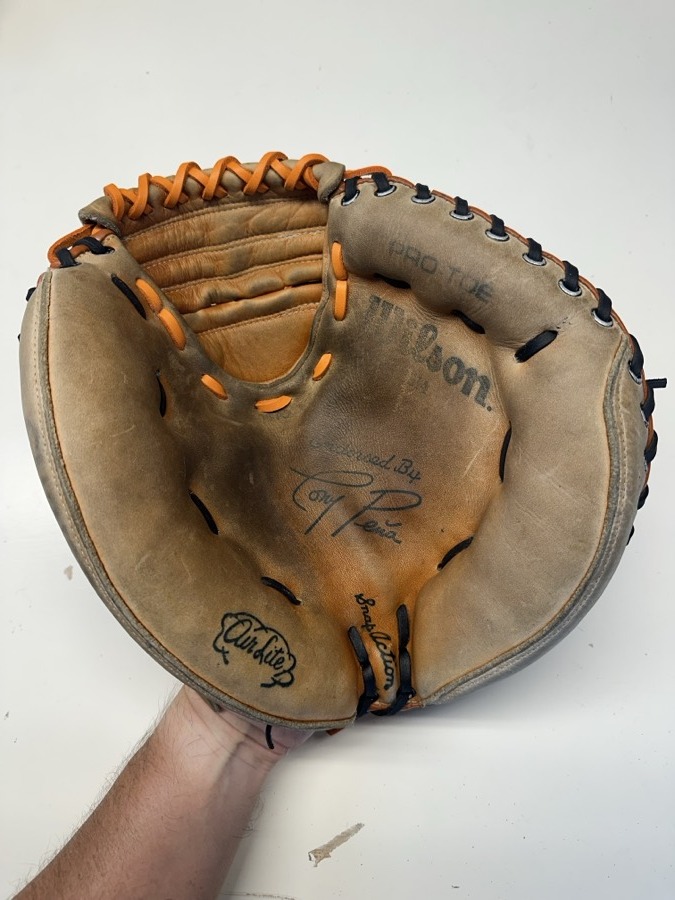 Wilson baseball glove after restoration by Blank Bros Glove Co. — cleaned, conditioned, and relaced